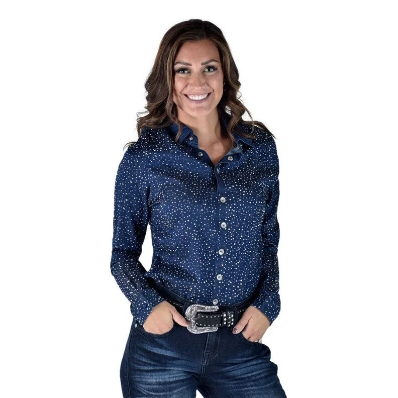 Cowgirl Tuff Western Shirt Womens Crystal Button L/S Dark Wash 100695 Trendy Women's Oversized