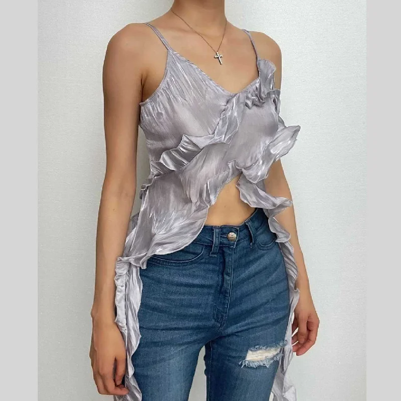 Ruffle v neck zip-up ribbon irregular backless cami crop top Australian Beach