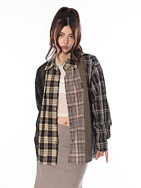 Color Block Patchwork Plaid Shirt Vintage Women's 1970S 