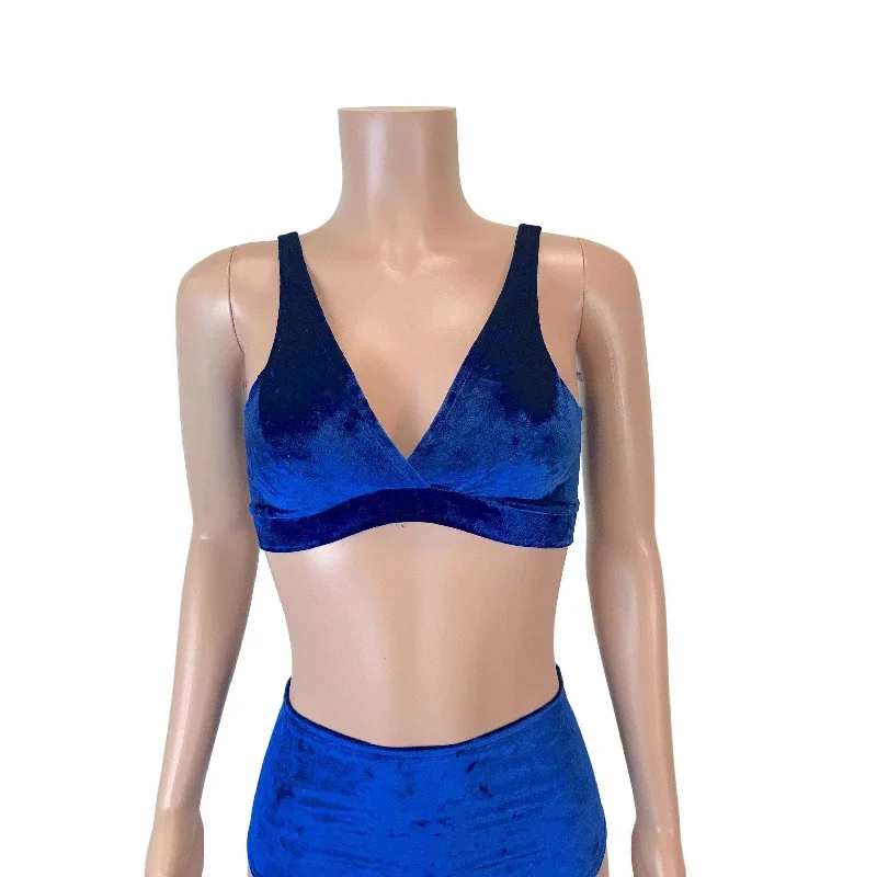 Blue Crushed Velvet Bralette Cool Women's Distressed