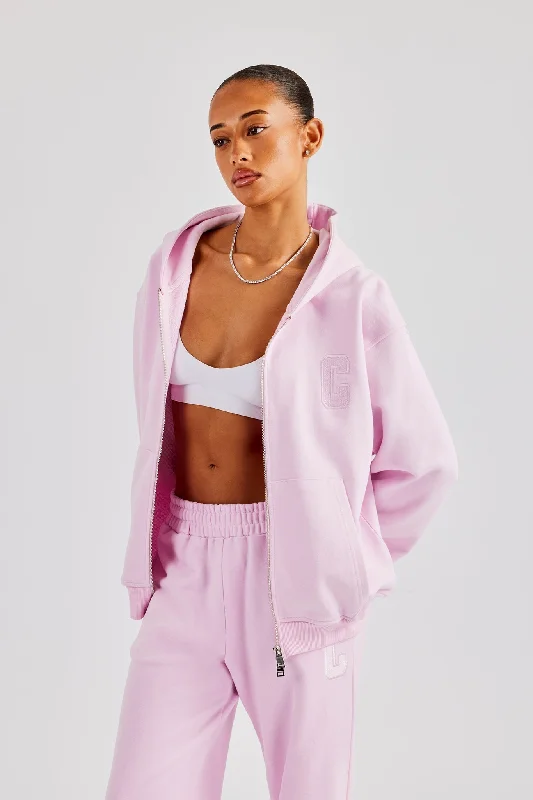 Embroidered C Zip Through Hoodie - Pink Sporty Women's Athleisure 