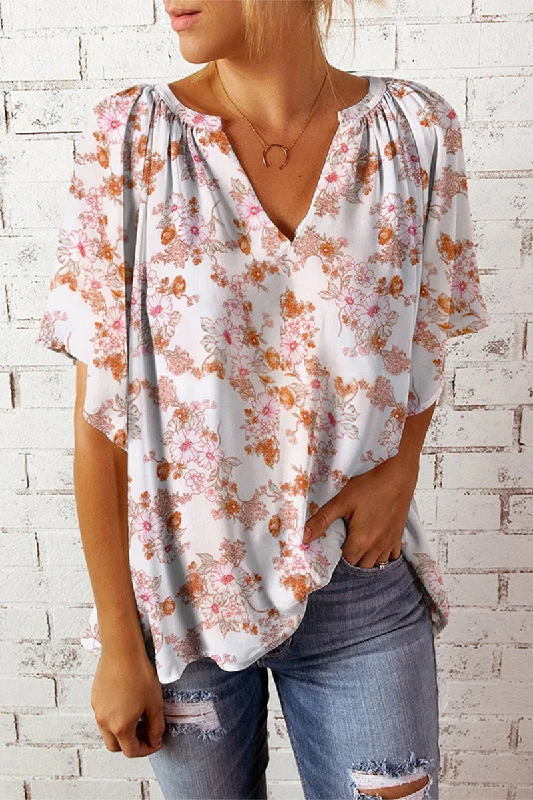 Sweet Elegant Floral Patchwork V Neck T-Shirts(4 Colors) Modern Women's 