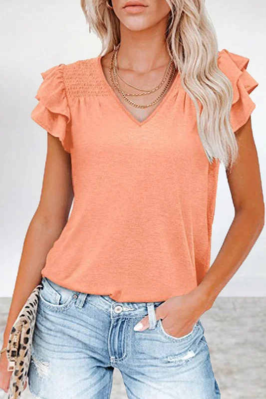 Casual Simplicity Solid Flounce V Neck T-Shirts Relaxed Women's Beachy