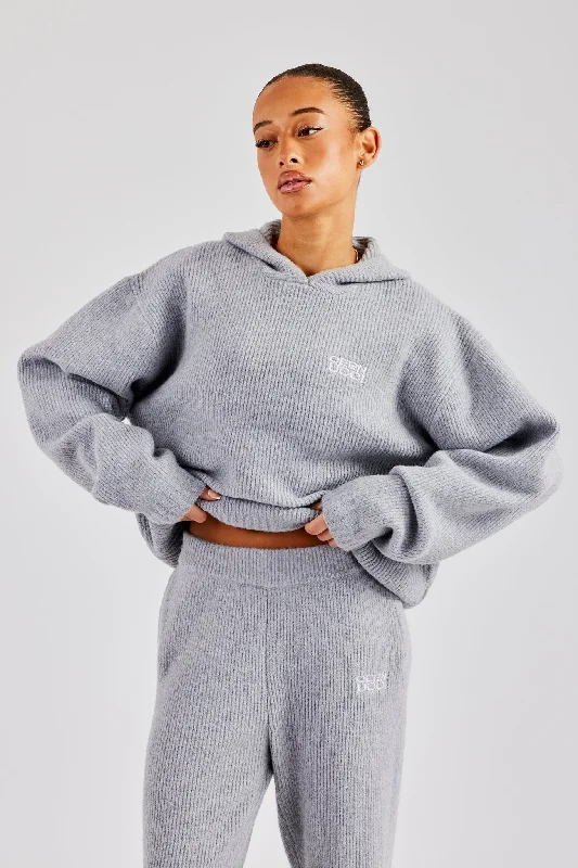 Knit Boxy Embroidered Hoodie - Grey Contemporary 