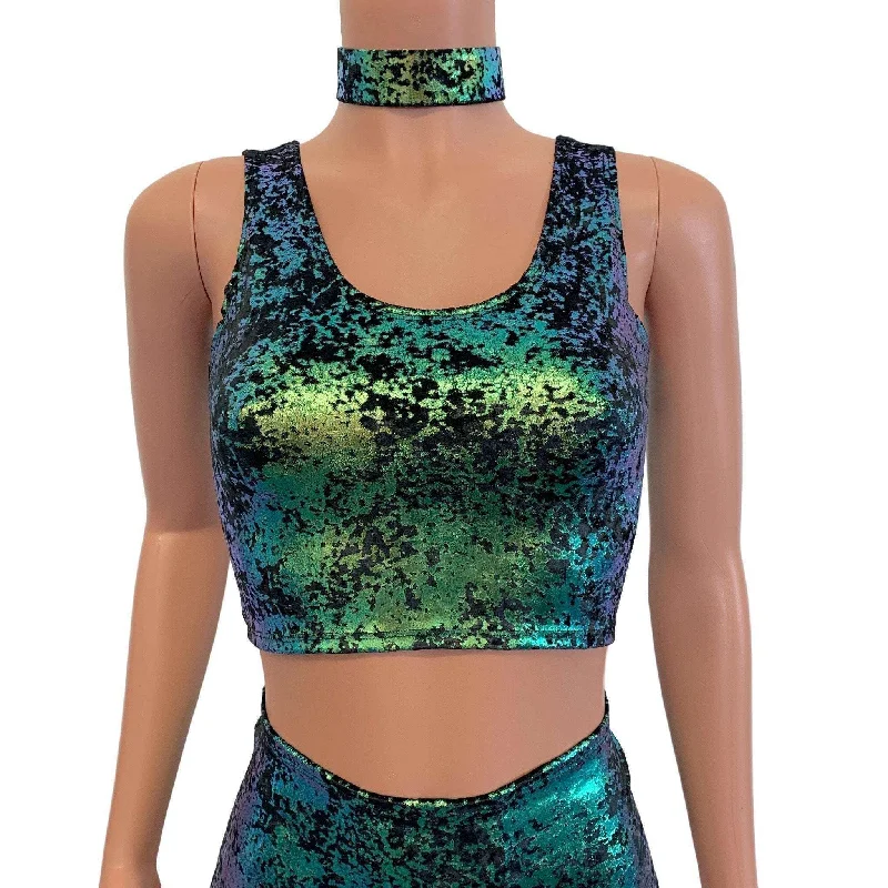 SALE - XL Crop Tank Top - Black/Green Iridescent Gilded Velvet Athletic Women's 