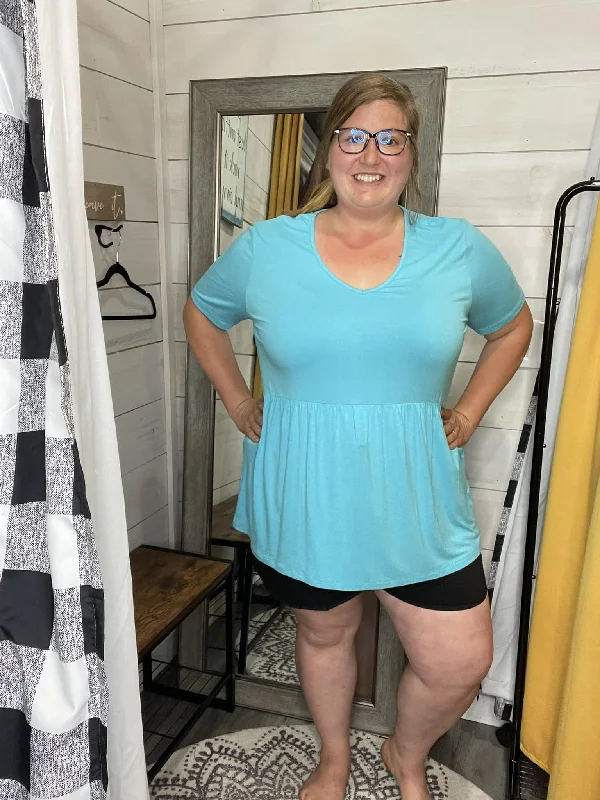 Sarah Babydoll V Neck Ruffle Short Sleeve - Turquoise by Michelle Mae Earthy Women's 