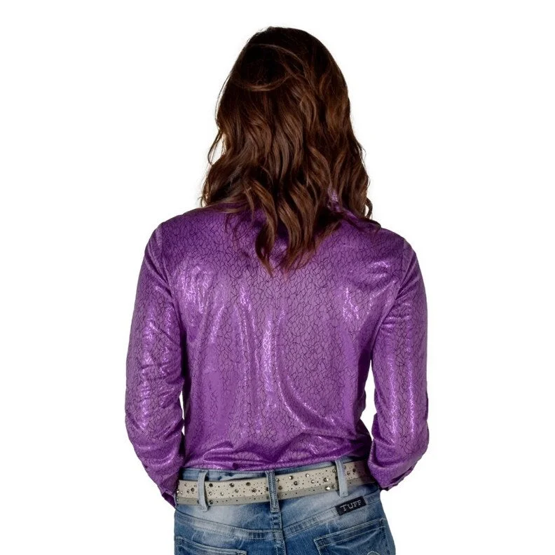 Cowgirl Tuff Western Shirt Womens L/S Crackle Print Foil Purple 100806 Dapper Women's Bow - adorned