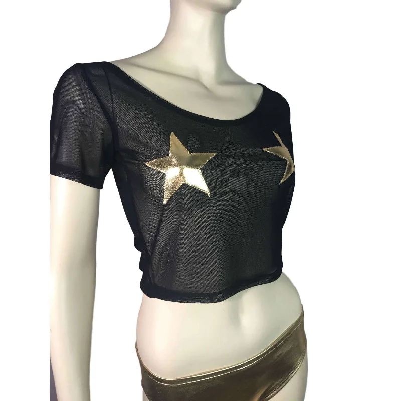 Stars Black Mesh Cropped Tee Shirt Top Classic Women's Pin - striped