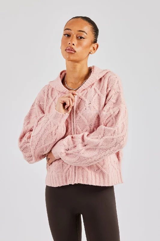 Cable Knit Zip Through Knit Hoodie - Baby Pink Rugged Women's Outdoor 