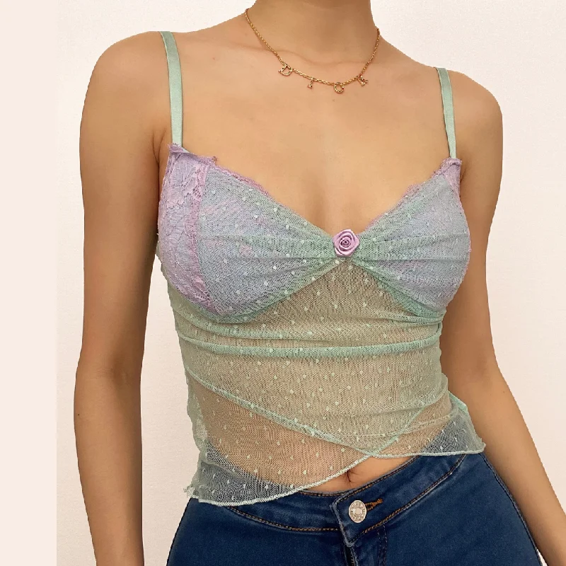 Hem lace mesh see through contrast cami top Sophisticated Women's 