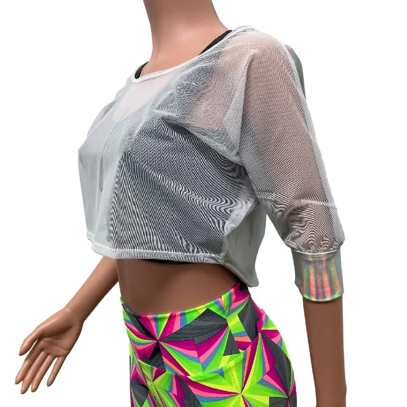 Dolman Crop Top in Opal Holographic and White Mesh | Loose Tee Rave Top Dynamic Women's Moto