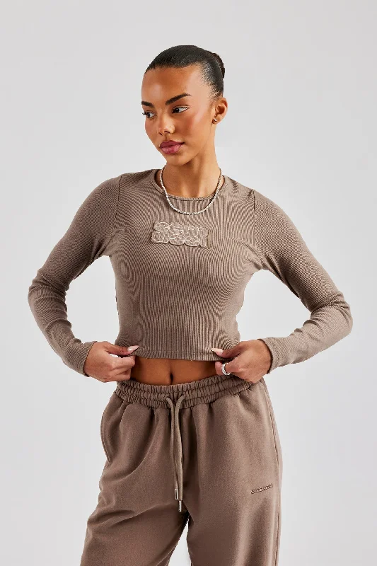 Long Sleeve Applique T-Shirt - Chocolate Bohemian Women's Free