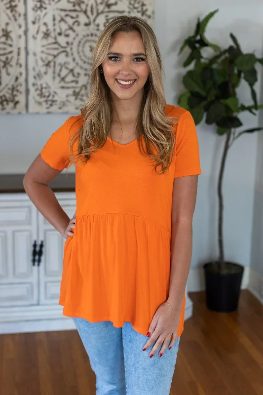 Sarah Babydoll V Neck Ruffle Short Sleeve -Orange by Michelle Mae Traditional Women's Wool