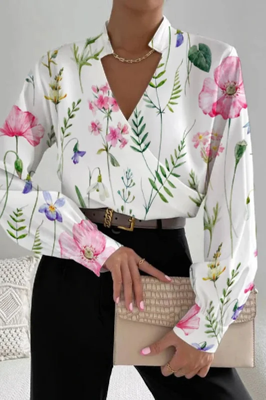 Casual Print Patchwork V Neck Blouses(6 Colors) Business