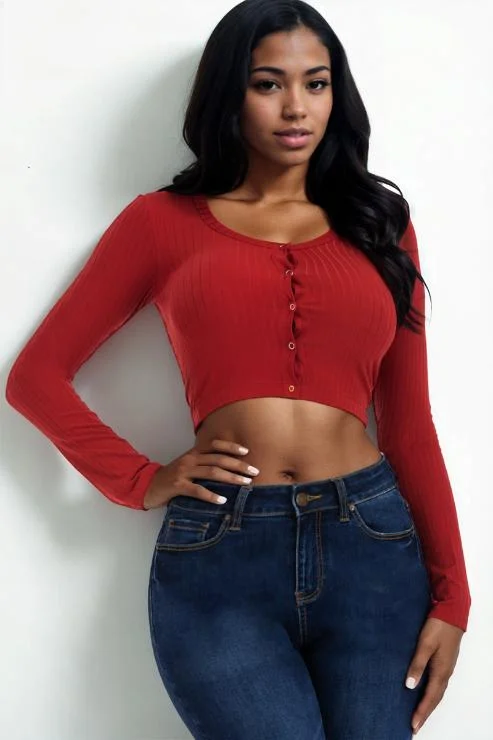 Ribbed Long Sleeve Snap Button Down Crop Top Women