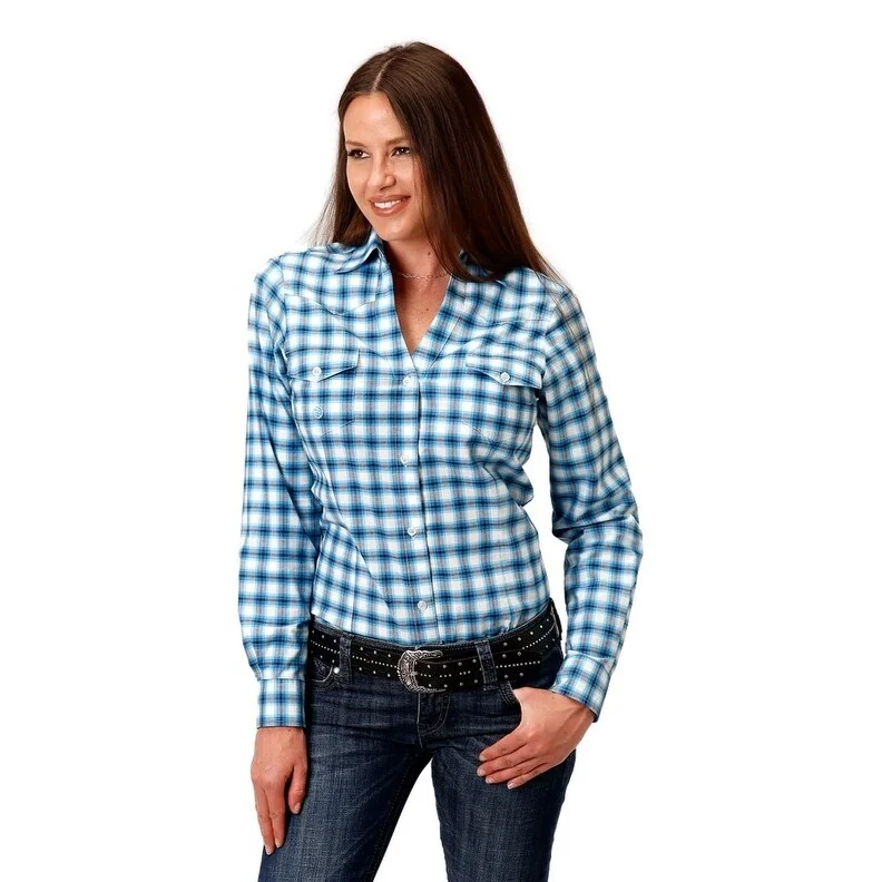 Roper Western Shirt Womens L/S Check Plaid Blue 03-050-0378-2093 BU Streetwear Style for 