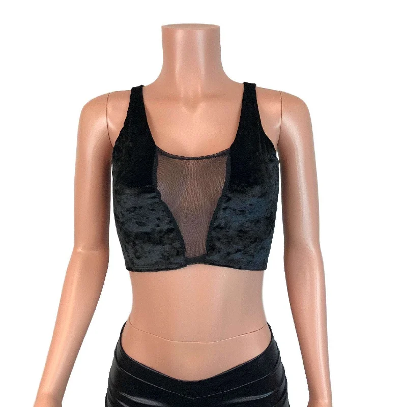 SALE - Mesh Inset Crop Tank Top - Black Crushed Velvet Dapper Women's Bow - adorned