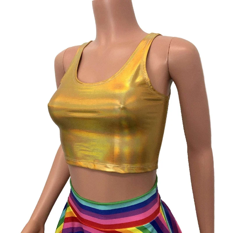 SALE - XL - Crop Tank Top - Gold Opal Holographic Athletic Women's High - 