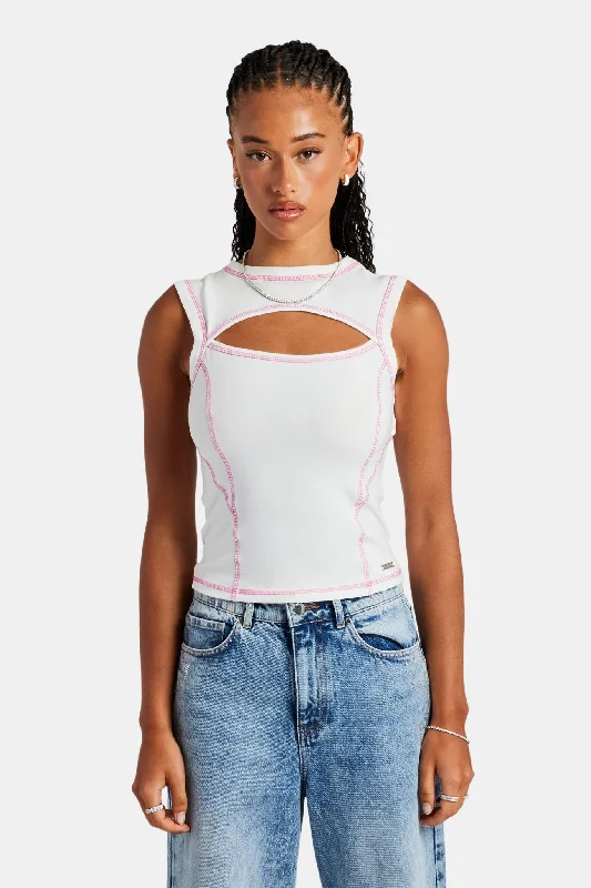 Contrast Stitch Cut Out Top - Off White Monochromatic Office Style