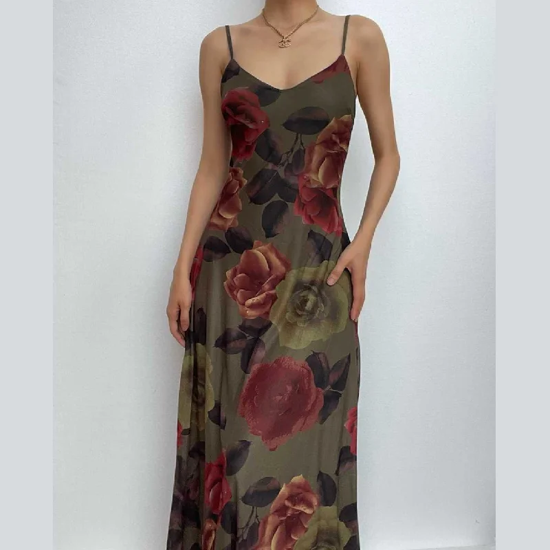 Flower print contrast v neck chiffon cami maxi dress - Final Sale Trendy Women's Oversized