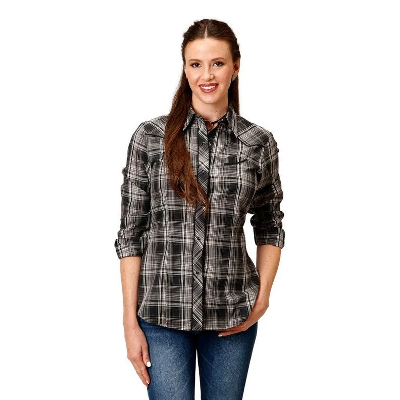 Roper Western Shirt Women L/S Plaid Rose Black 01-050-0016-6027 BL Artistic Women's Hand - painted