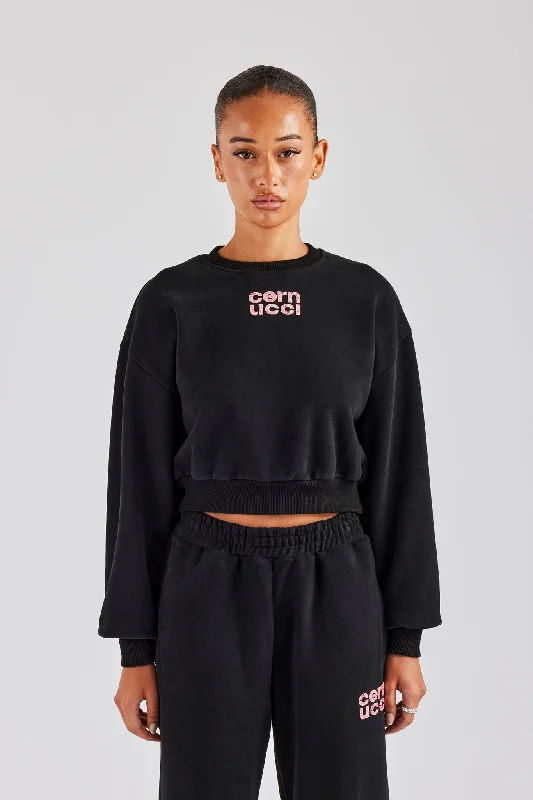 Glitter Applique Cropped Sweatshirt - Black Relaxed Women's 