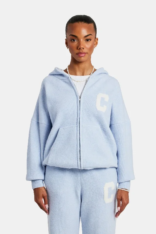Hooded Zip Through Knitted Jumper - Light Blue British Gentlewoman Style