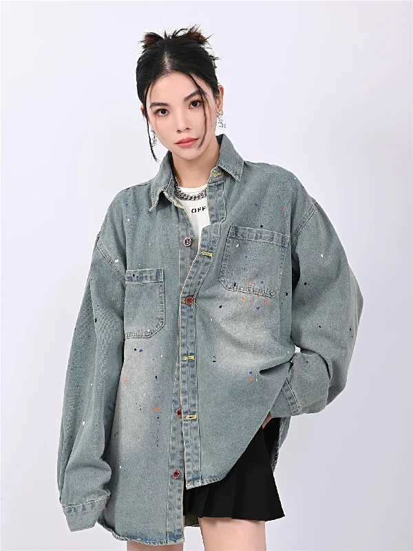 Paint Splatter Oversized Denim Shirt Cozy Women's Sherpa - lined