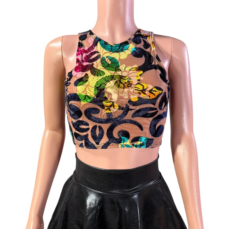 Sheer Top - Burnout Velvet Floral Crop Top - Black or Green Flowers garde