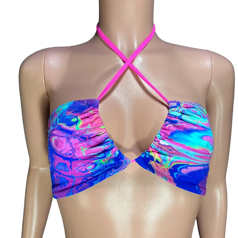 Rainbow Vapor Freedom X-String Rave Bikini Top Refined Women's Hand - crafted