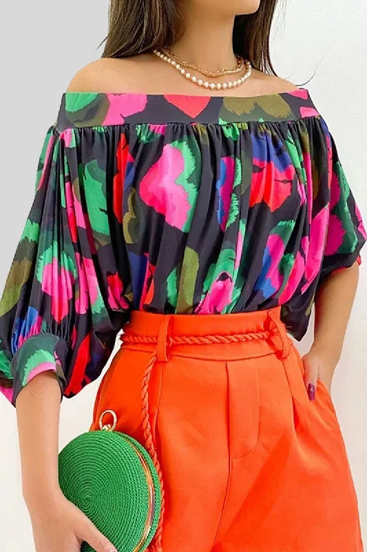 Casual Print Patchwork Off the Shoulder T-Shirts(4 Colors) Hip Women's Retro