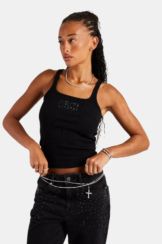 Rib Glitter Applique Vest Top - Black Elegant Women's 