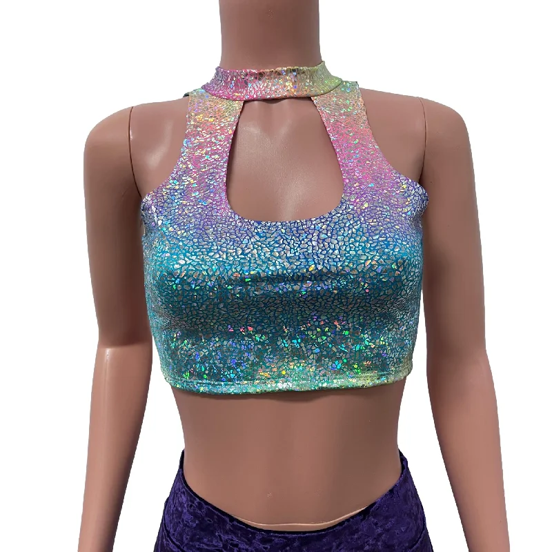 High Neck Cutout Top Keyhole Crop Tank in Rainbow Avatar Classic Women's Pin - striped