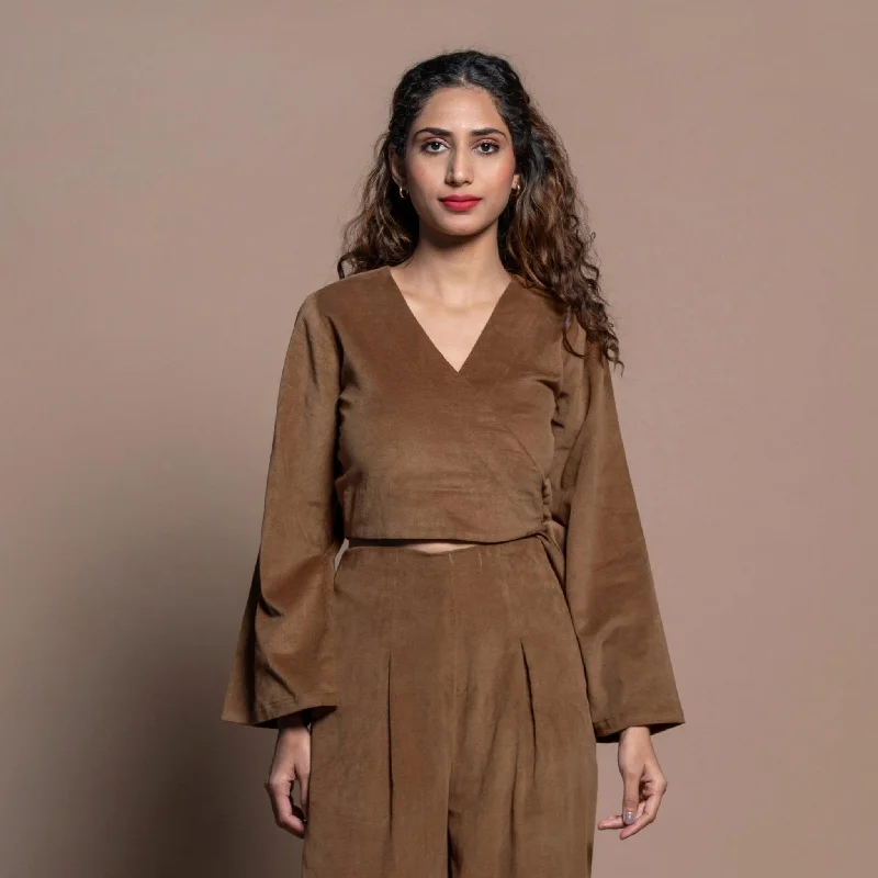 Camel Brown Cotton Velvet Full Sleeve Wrap Crop Top Feminine Women's Soft 
