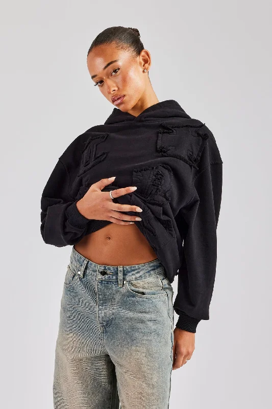 Womens Distressed Applique Hoodie  - Black Streetwear Style for 