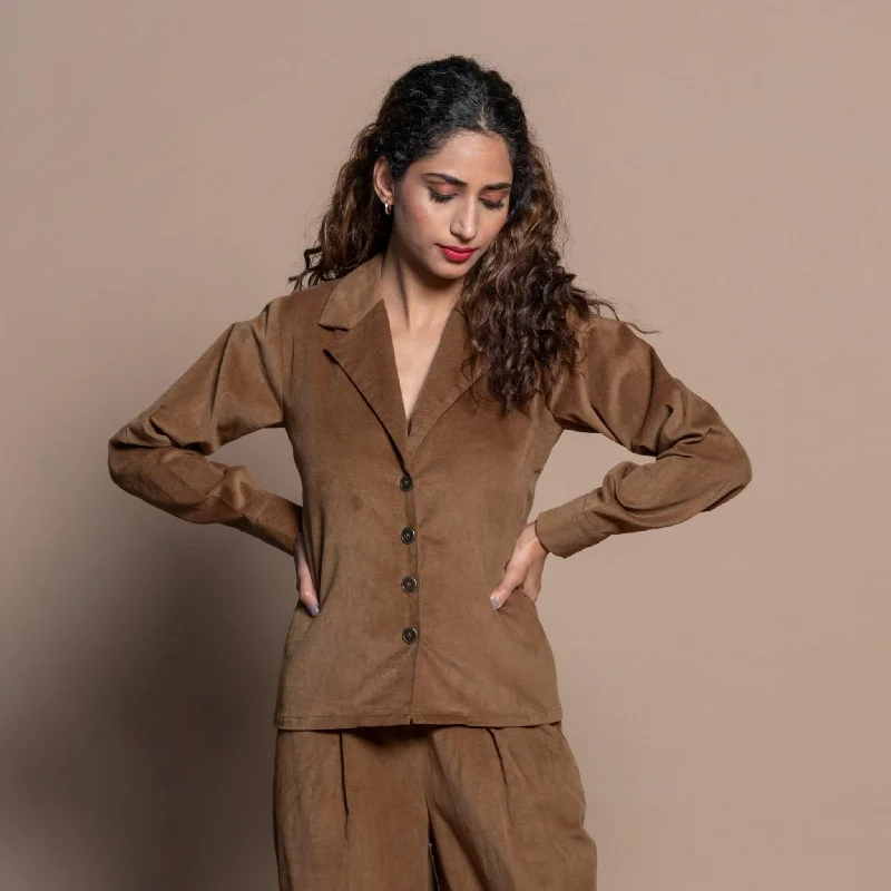 Camel Brown Cotton Velvet Notched Collar Button Down Shirt Hip Women's Retro