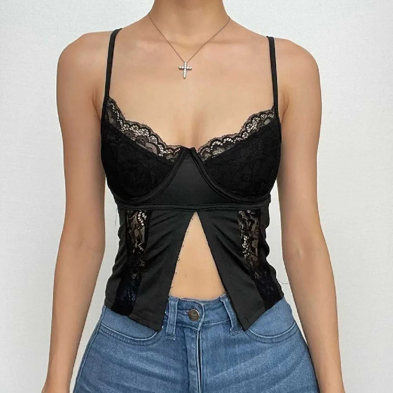 Corset u neck button solid lace cami crop top Earthy Women's 