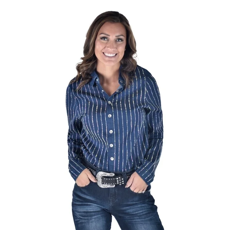 Cowgirl Tuff Western Shirt Womens Ultra Breathe L/S Dark Wash 100694 Classic Women's Tweed
